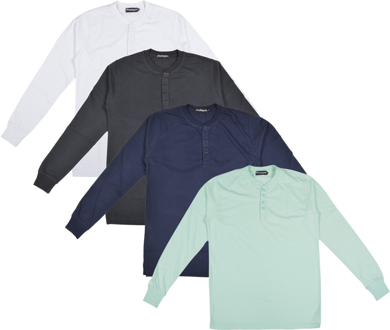 Pintapple Solid Men Henley Light Green, Dark Blue, Black, White T-Shirt(Pack of 4)
