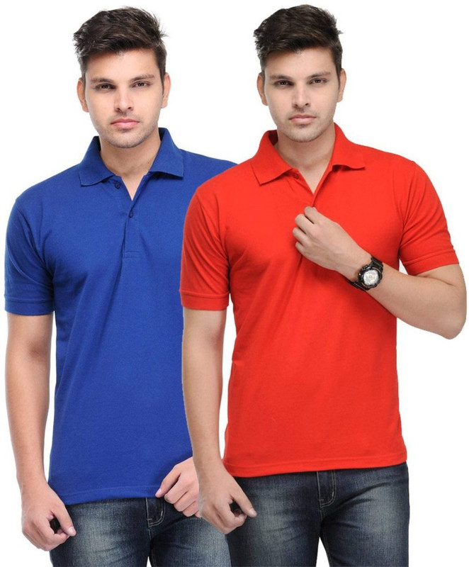 AleganT Solid Men Polo Neck Red, Blue T-Shirt(Pack of 2)