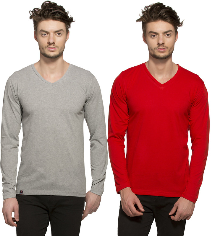 Alan Jones Solid Men V-neck Grey T-Shirt(Pack of 2)