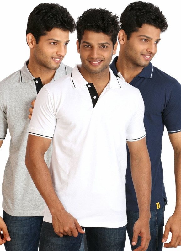 Campus Sutra Solid Men Polo Neck Blue, Grey, White T-Shirt(Pack of 3)