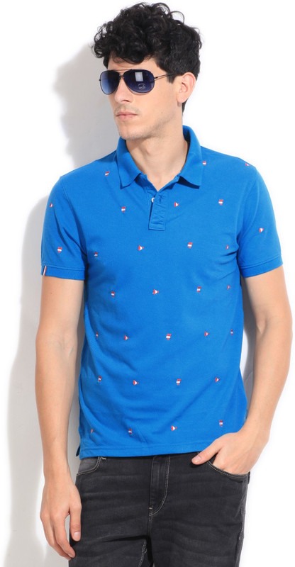 Peter England Printed Men Polo Neck Blue T-Shirt