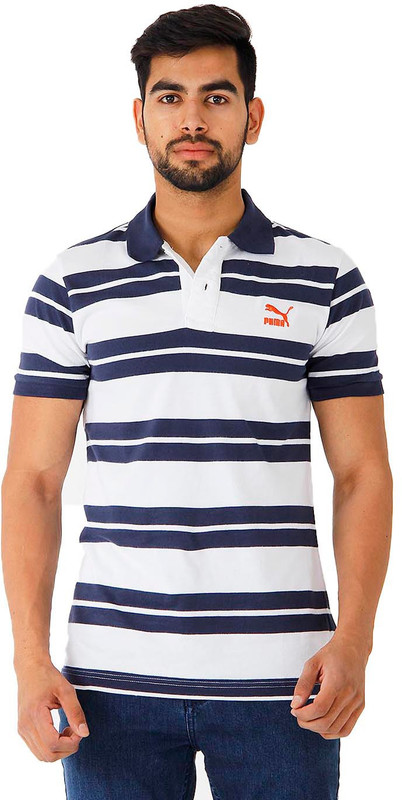 Puma Striped Men Polo Neck White T-Shirt