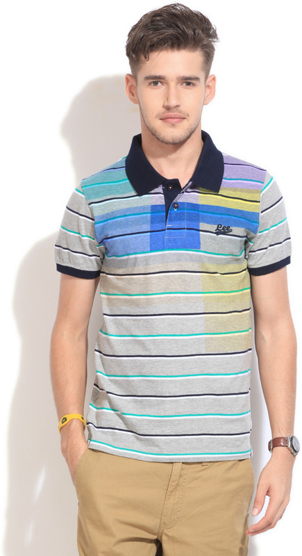 Lee Striped Men Polo Neck Grey T-Shirt