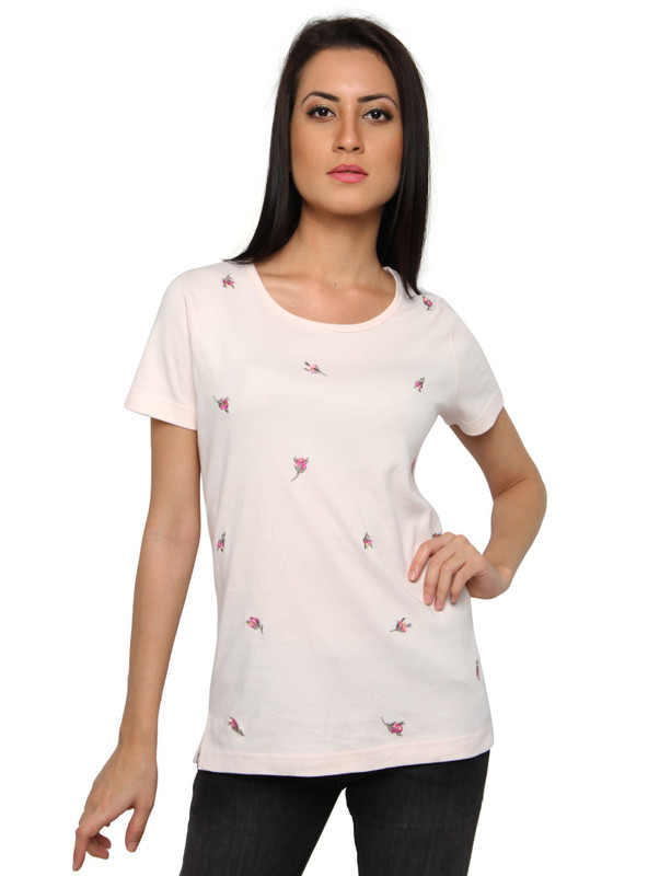 Pepperika Embroidered Women Round Neck Pink T-Shirt