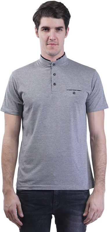 Griffel Solid Men Mandarin Collar Grey T-Shirt