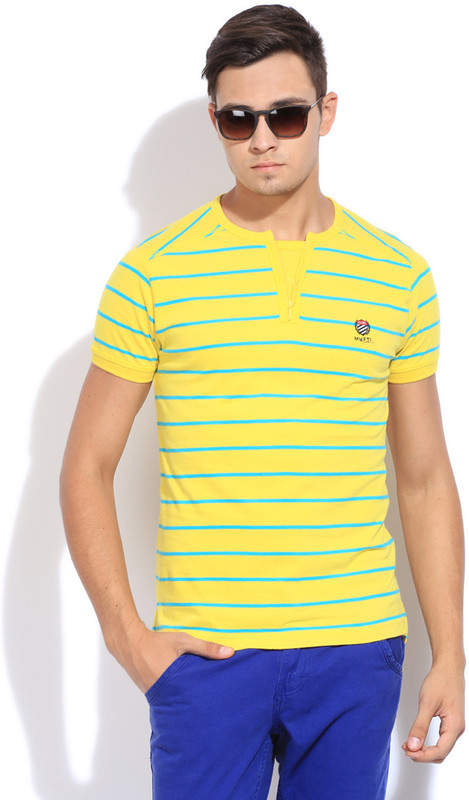 Mufti Striped Men Round Neck Yellow T-Shirt