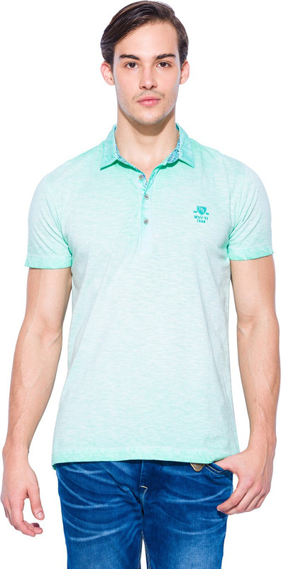 Mufti Solid Men Polo Neck Light Green T-Shirt