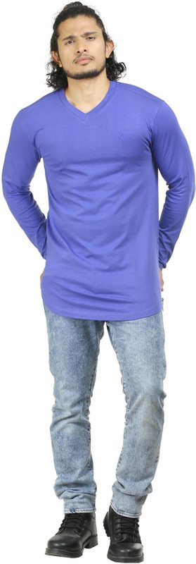 Oviyon Solid Men V-neck Blue T-Shirt
