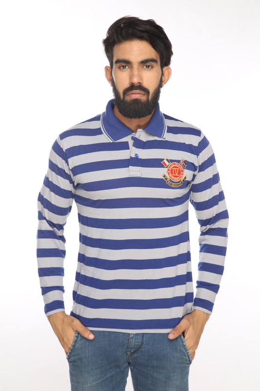 Alan Jones Striped Men Polo Neck Dark Blue, Grey T-Shirt