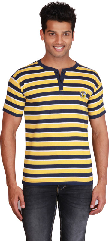 Right Shape Striped Men Henley Yellow, Blue T-Shirt