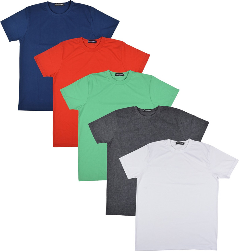 Pintapple Solid Men Round Neck White, Grey, Light Green, Red, Dark Blue T-Shirt(Pack of 5)