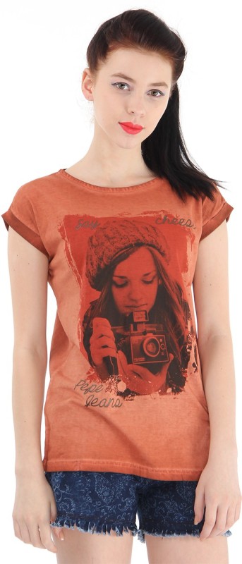 Pepe Jeans Graphic Print Women Round Neck Orange T-Shirt