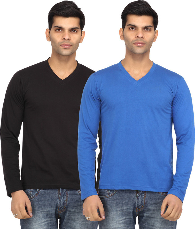 Leana Solid Men Round Neck Black, Blue T-Shirt(Pack of 2)