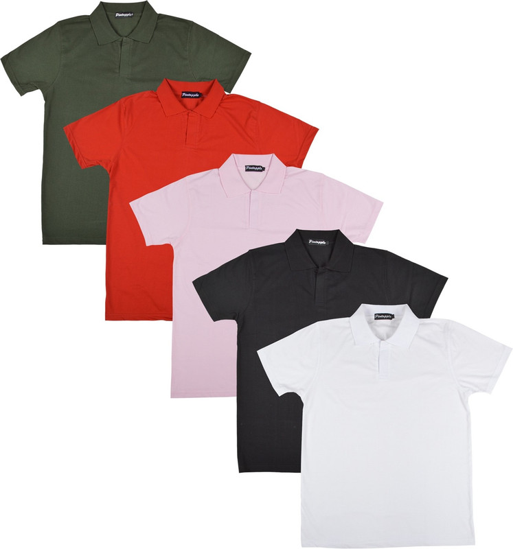 Pintapple Solid Men Polo Neck White, Black, Pink, Red, Dark Green T-Shirt(Pack of 5)