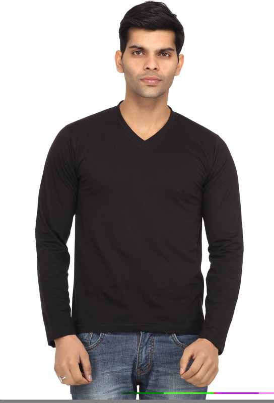 Leana Solid Men V-Neck Black T-Shirt