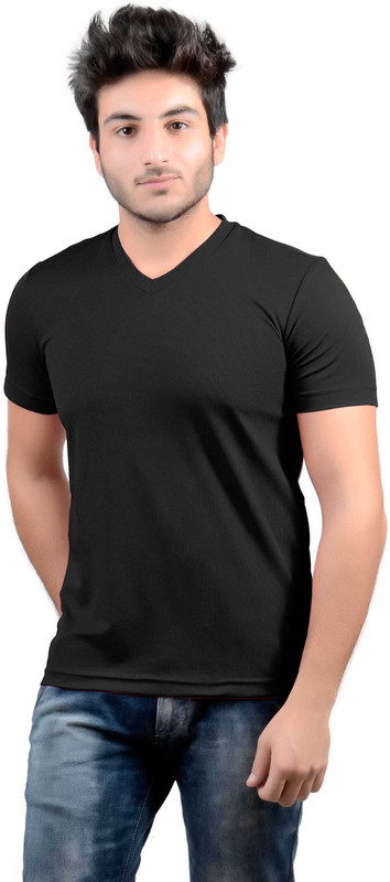 DS WORLD Solid Men V-Neck Black T-Shirt
