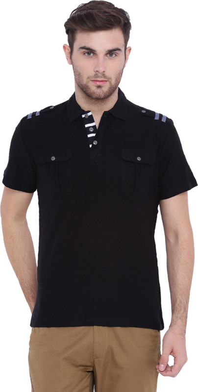 Arise Self Design Men Polo Neck Black T-Shirt