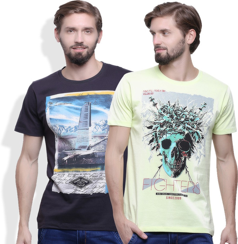 Go India Store Printed Men Round Neck Yellow, Grey T-Shirt(Pack of 2)