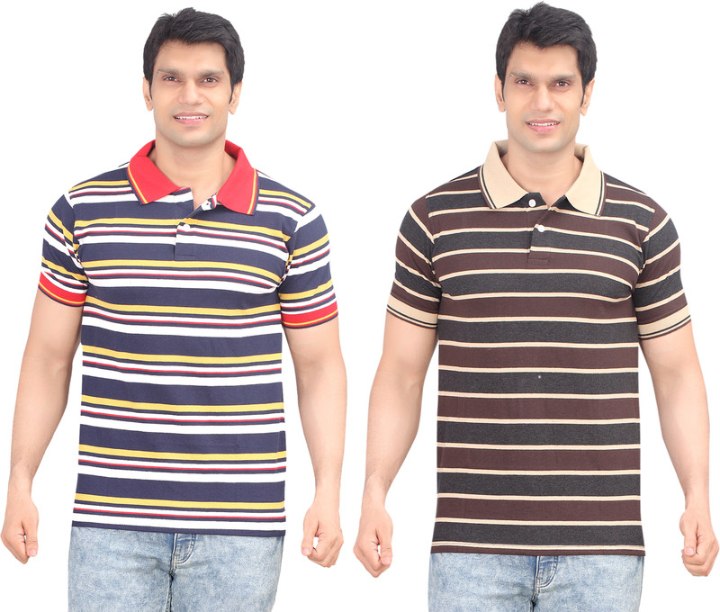 Zebu Striped Men Polo Neck Dark Blue, Grey T-Shirt(Pack of 2)