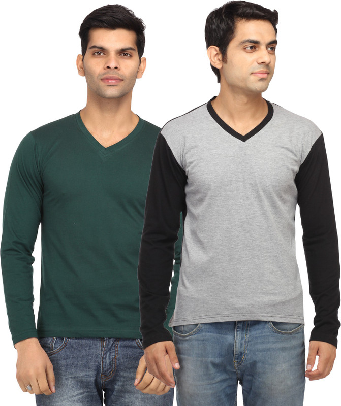 Leana Solid Men Round Neck Green, Grey T-Shirt(Pack of 2)