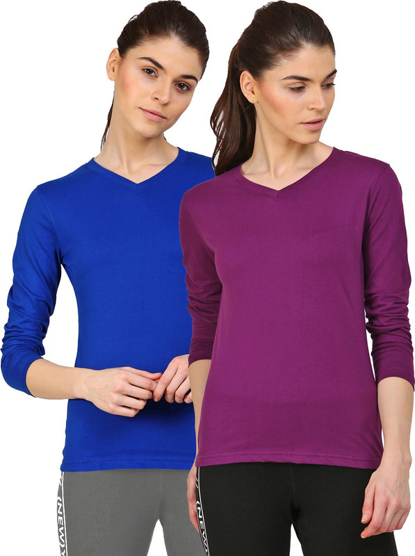 Ap'pulse Solid Women V-neck Blue, Purple T-Shirt(Pack of 2)