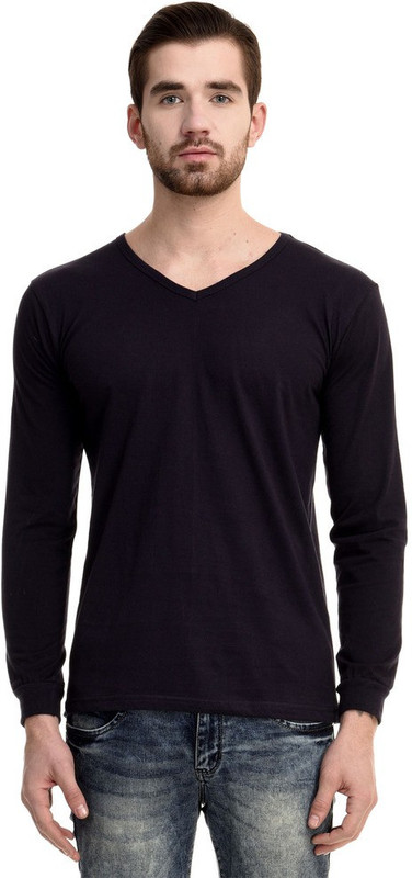 Mi Moda Solid Men V-Neck Dark Blue T-Shirt