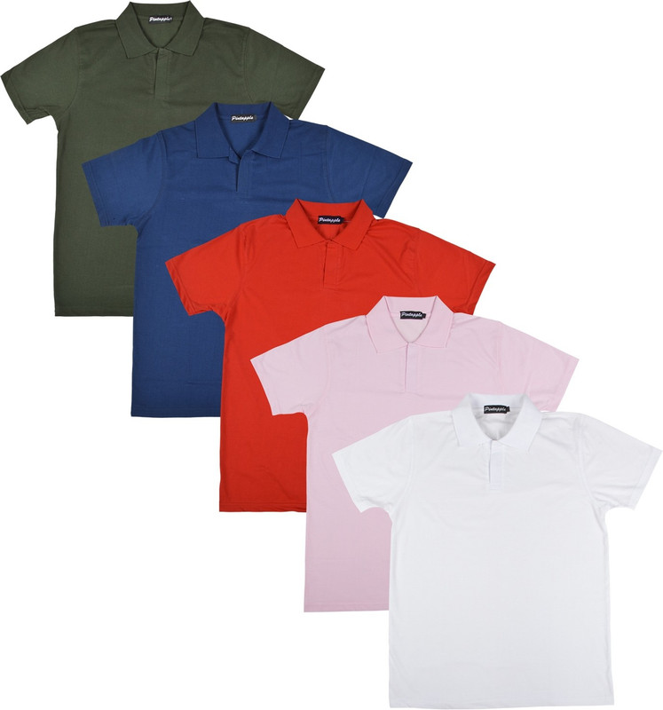 Pintapple Solid Men Polo Neck White, Pink, Red, Dark Blue, Dark Green T-Shirt(Pack of 5)