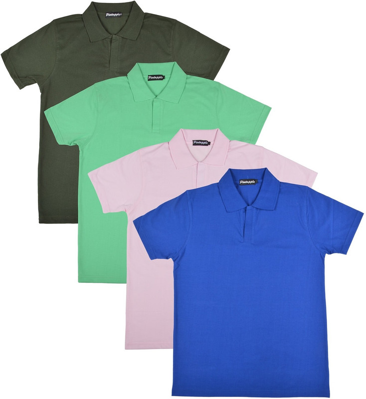 Pintapple Solid Men Polo Neck Blue, Pink, Light Green, Dark Green T-Shirt(Pack of 4)