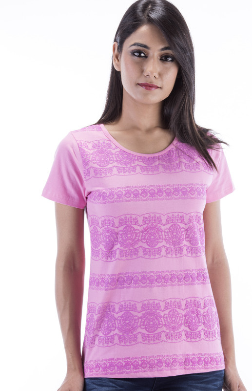 Amadore Printed Women Round Neck Pink T-Shirt