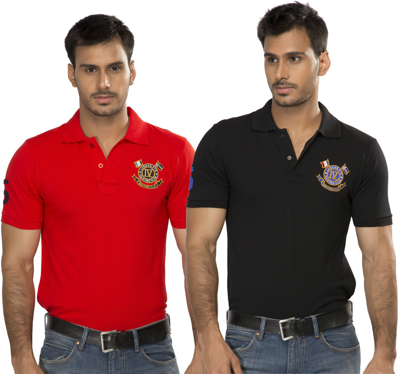 Alan Jones Solid Men Polo Neck Red, Black T-Shirt(Pack of 2)