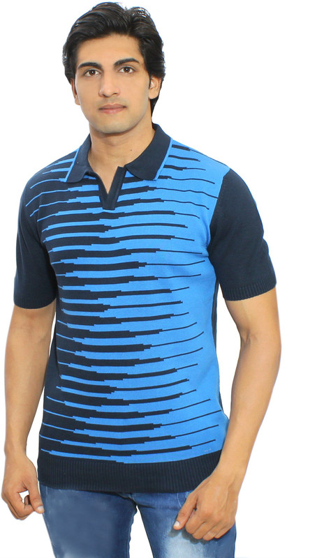 Thread Craft Graphic Print Men Polo Neck Blue T-Shirt