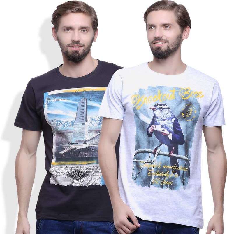 Go India Store Printed Men Round Neck White, Grey T-Shirt(Pack of 2)
