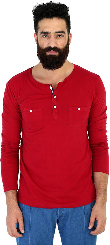 Mr Button Solid Men Henley Red T-Shirt