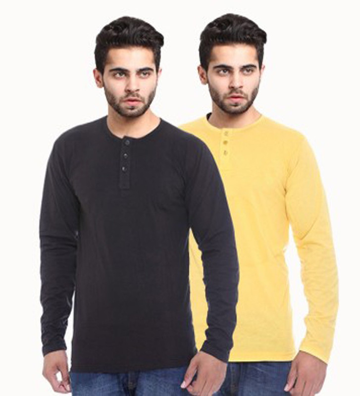 Sampoorna Collection Solid Men Henley Yellow, Black T-Shirt(Pack of 2)