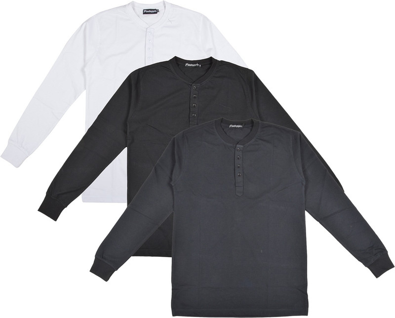 Pintapple Solid Men Henley Black, Black, White T-Shirt(Pack of 3)