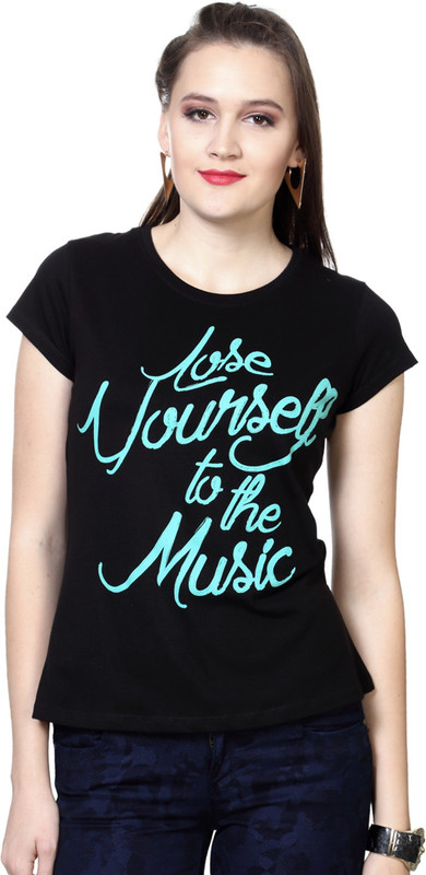 People Printed Women Round Neck Black T-Shirt