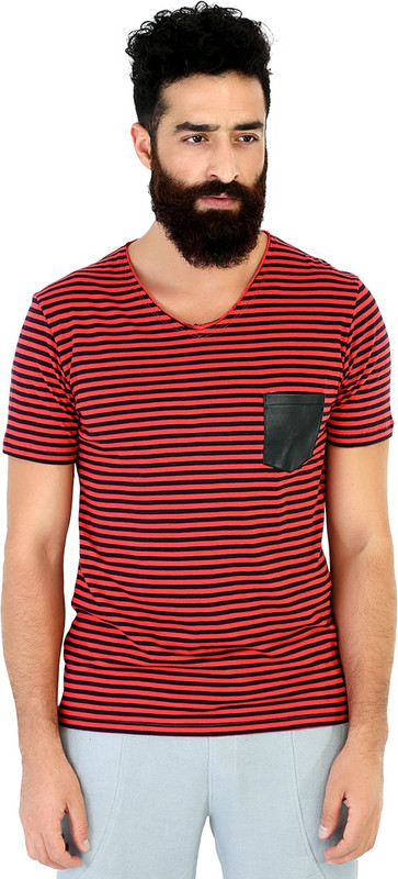 Mr Button Striped Men V-neck Red T-Shirt