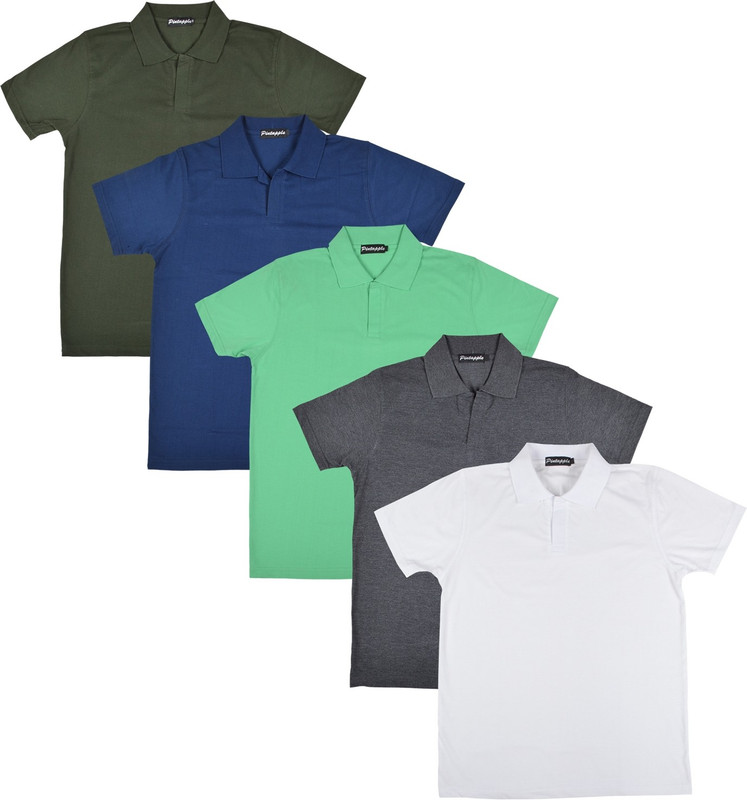 Pintapple Solid Men Polo Neck White, Grey, Light Green, Dark Blue, Dark Green T-Shirt(Pack of 5)