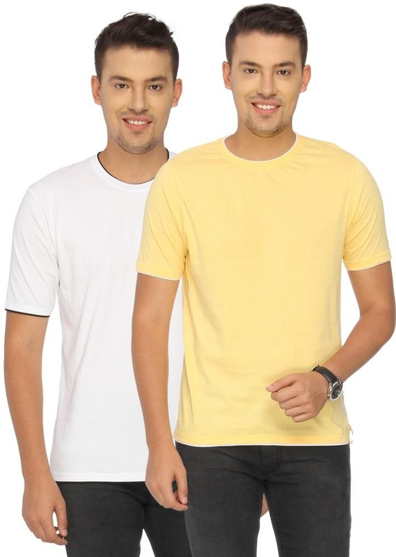 Campus Sutra Solid Men Round or Crew White, Yellow T-Shirt(Pack of 2)
