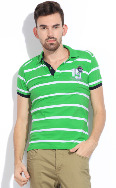 Mufti Striped Men Polo Neck White, Green T-Shirt