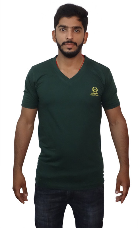 Uniqe Solid Men V-neck Green T-Shirt