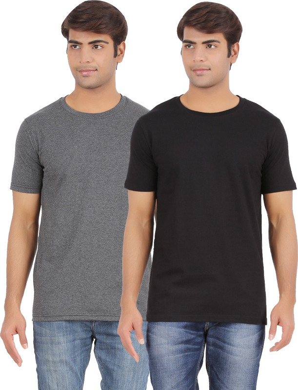 Ap'pulse Solid Men Round or Crew Grey, Black T-Shirt(Pack of 2)