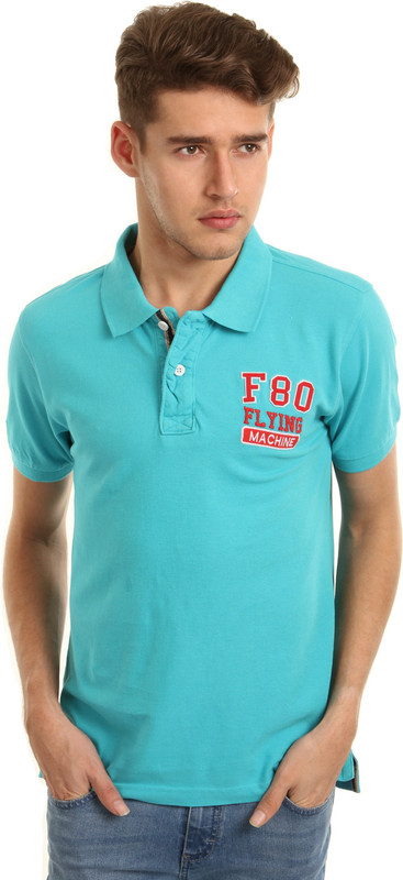 Flying Machine Solid Men Polo Neck Blue T-Shirt