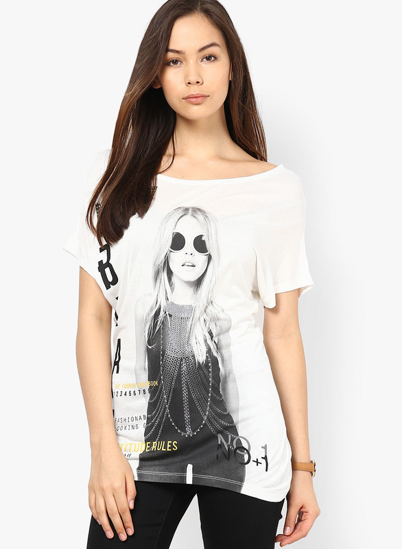 Only Printed Women Boat Neck White T-Shirt
