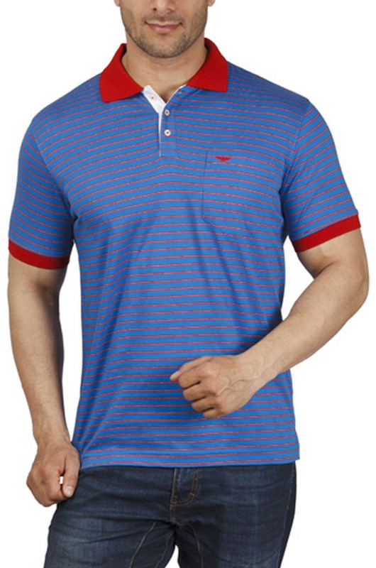 Park Avenue Striped Men Flap Collar Neck Blue T-Shirt