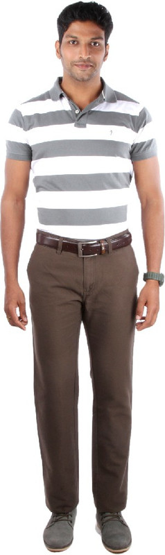 Indian Terrain Striped Men Polo Neck Grey T-Shirt