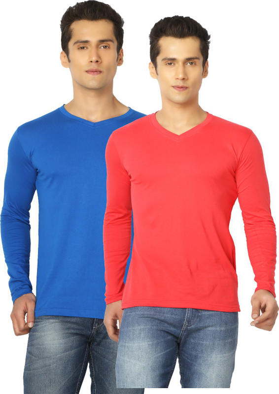 Joke Tees Solid Men V-neck Blue, Red T-Shirt(Pack of 2)