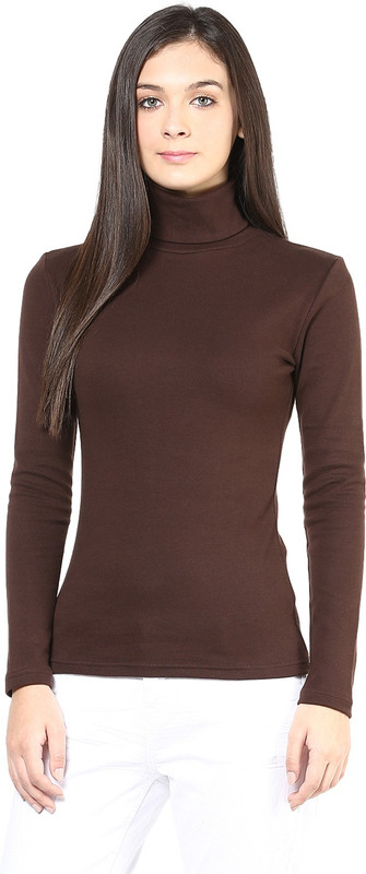 Hypernation Solid Women High Neck Brown T-Shirt