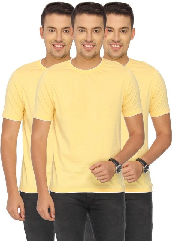 Campus Sutra Solid Men Round or Crew Yellow T-Shirt(Pack of 3)