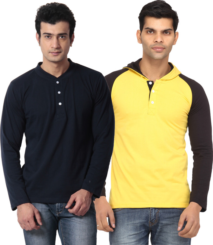 Leana Solid Men Round Neck Black, Yellow T-Shirt(Pack of 2)
